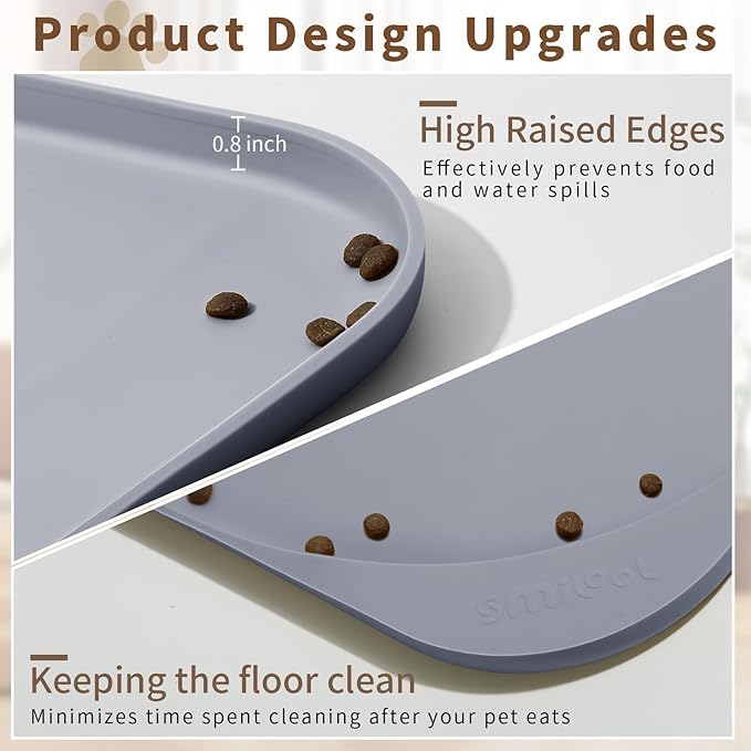 Silicone Pet Food Mat with Raised Edge for Food and Water Bowl, Dog Feeding Mats, Cat Food Trays for Floor Waterproof, Rubber Tray for Dogs and Cats, 24 x 16 x 0.8 Light Gray