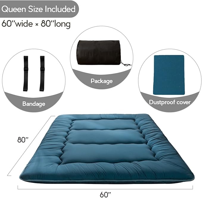 MAXYOYO Japanese Floor Mattress Futon Mattress, Thicken Sleeping Pad Foldable Roll Up Floor Futon for Adults Tatami Mat Dormitory Bed Lounger, Bluestone, Queen Size