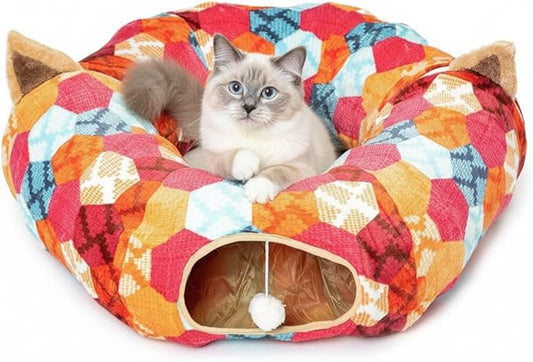 AUOON Cat Tunnel Bed for Indoor Cats - Large Cat Donut Tunnel with Hanging Ball Toy, Collapsible 2-in-1 Multifunctional Interactive Cat Toy for Kitten, Puppy, Rabbit, Ferret (Orange)
