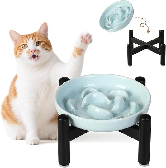 Elevated Slow Feeder Cat Bowl - Ceramic Cat Food Dish with Anti-Slip Stainless Steel Stand - Raised Maze Plate for Slow Eating - Pale Blue