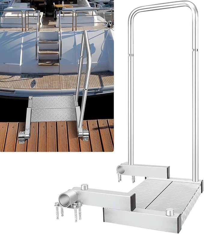 Heavy Duty Folding Boat Boarding Platform Dock Step with Safety Grab Bar - 3 mm Thick Hot Dipped Galvanized Dock to Boat Ramp Step - Dock Extension Step Ramp for Boarding on Boat Lifts, Marinas, Docks