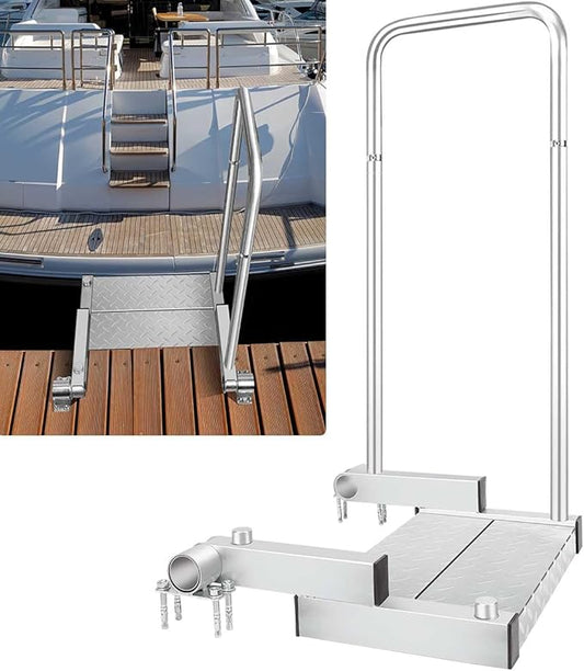 Heavy Duty Folding Boat Boarding Platform Dock Step with Safety Grab Bar - 3 mm Thick Hot Dipped Galvanized Dock to Boat Ramp Step - Dock Extension Step Ramp for Boarding on Boat Lifts, Marinas, Docks