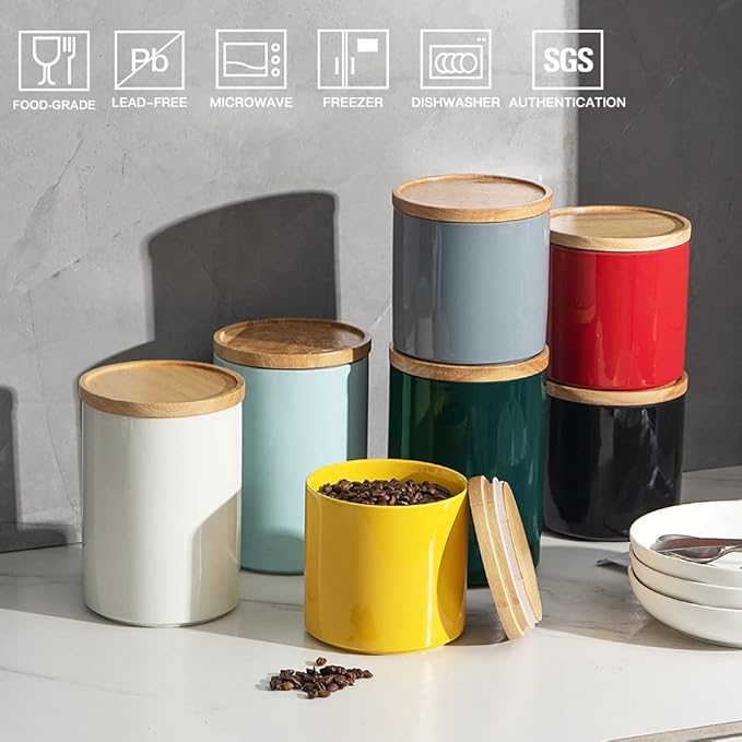 Sweejar Kitchen Canisters Ceramic Food Storage Jar, Stackable Containers with Airtight Seal Wooden Lid for Serving Coffee Bean, Flour, Tea, Spice and More - 39 Fl Oz (Yellow)