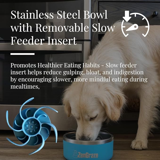 Slow Feeder Dog Bowls with Premium Accessories | Slow Feeder Insert & Silicone Lick Mat Lid - Heavy Duty, Stainless Steel Dog Bowl | Non-Slip & Durable, 64 oz | Medium to Large Dogs (Eli Blue)