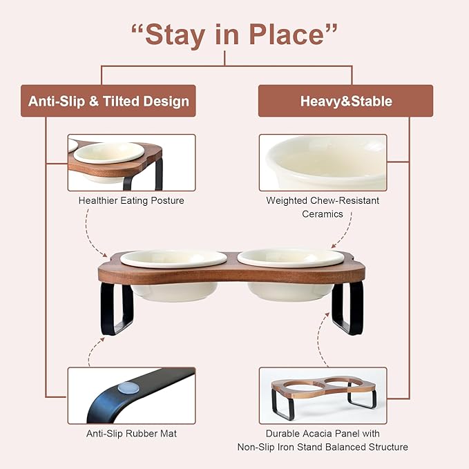SPUNKYJUNKY Ceramic Elevated Tilted Dog Bowls Bone-Shaped Raised with 2 Height Iron Stand, 5.9'' Dog and Cat Food Water Bowls Set Non-Slip for Small Sized Breed - 13.5 OZ,Beige