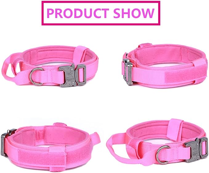 Xqpetlihai Tactical Dog Collar Adjustable Military Nylon Dog Collar with Control Handle and Heavy Duty Metal Buckle for Medium and Large Dogs(Pink,XL)