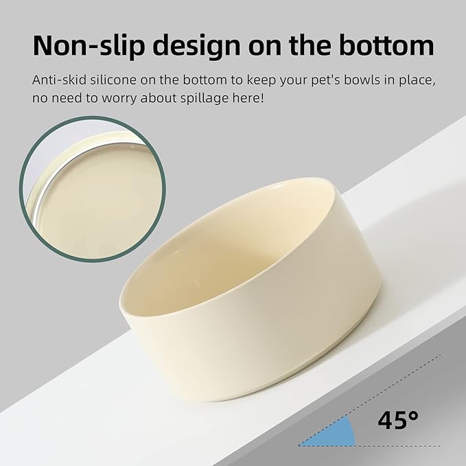 Ceramic 7.3inch Raised Double Bowls Set with Wooden Stand, Food & Water Bowls for Medium Breed Dogs, Weighted Dog Dishes, Pet Feeder(Beige)