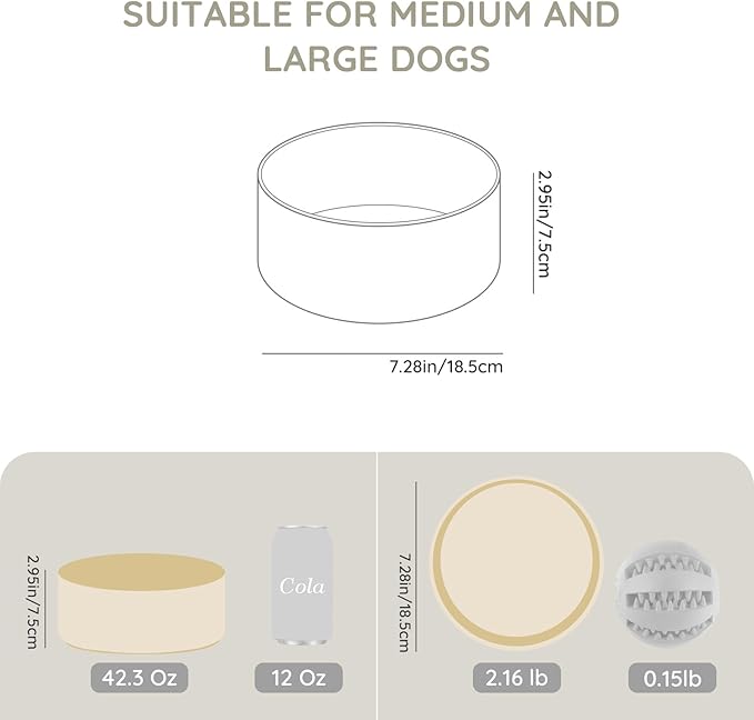 SPUNKYJUNKY 42OZ Ceramic Dog and Cat Bowl, Modern Cute Weighted Food Water Bowl for Replacement Beige (1 Pack)