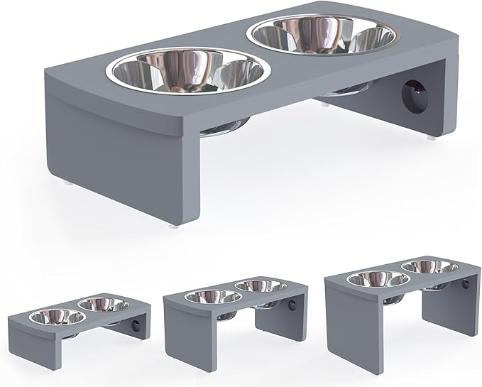 Elevated Dog Bowls, Bamboo Raised Dog Bowl for Small Dogs & Cats, with 2 Stainless Steel Bowls (4'' Tall-20oz Bowl, Grey)