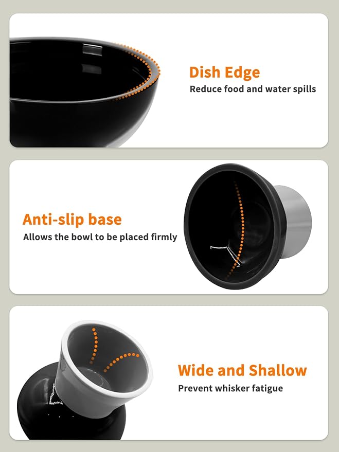 LoeJan Elevated Cat Food and Water Bowls Set, Extra Wide and Raised Ceramic Feeder, Anti-Vomit Whisker-Free Pressure Feeding Bowl for Kittens Adult Small Dogs (Black)