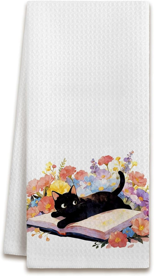 Floral Bookish Black Cat Kitchen Dish Towels, Black Cat Gifts for Women, Gifts for Books Lovers Reader Decorative Hand Tea Towels for Bathroom Kitchen, 16x24 Inches