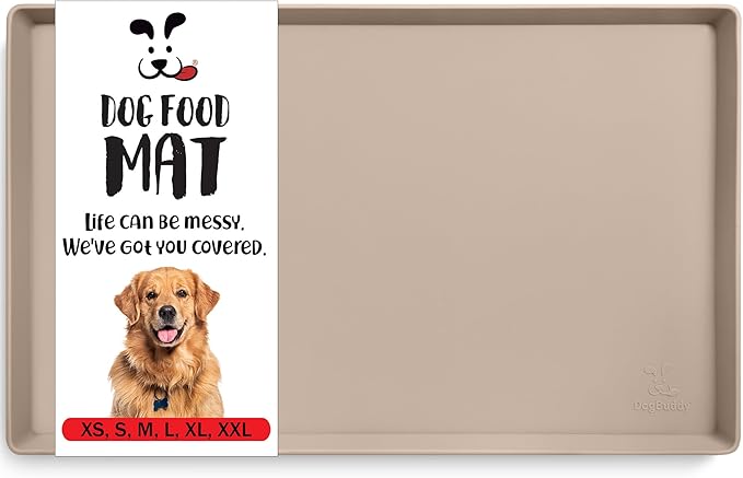 DogBuddy Dog Food Mat – Waterproof Dog Bowl Mat for Food and Water, Silicone Pet Feeding Mats for Floors, Non-Slip Placemat with High Edges for Dogs Bowls, Puppy Essentials (XL: 28" x 18", Taupe)