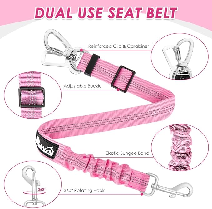 Lukovee Dog Seat Belt for Car, Adjustable Dog Car Harness for Large Medium Small Dogs, Soft Padded & Breathable Mesh Dog Seatbelt with Car Strap and Carabiner (A-Pink,XS)