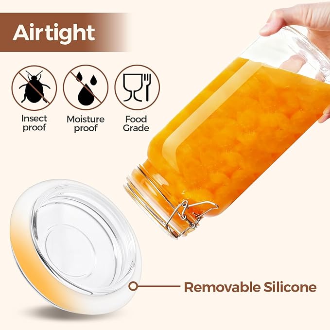 ComSaf Airtight Glass Jars with Lids 0.6 Gallon Set of 3, Food Storage Canister Square-Storage Container with Clear Preserving Seal Wire Clip Fastening for Kitchen Canning Flour, Cereal, Pasta, Bean