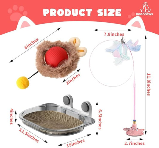 3-in-1 Cat Toy and Cat Window Perch, Window-Mounted Hammock with Scratching Board, Interactive Teaser Wand, Smart Ball with LED Lights