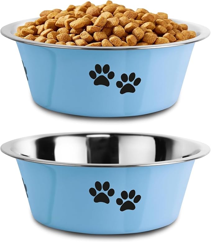 Stainless Steel Dog Bowls, Nonslip Rubber Bottom No Spill Proof Skid Metal Insulated Dog Bowls for Large Medium Small Breed Dogs (Blue, 8.5 Cups/71 OZ)