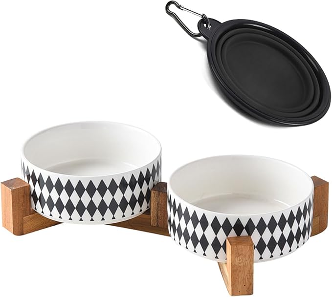 Petygooing Ceramic Dog Cat Bowl Set with Stand, Pet Food and Water Dishes,Small Dog Bowls Anti-Slip Set of 2 Cat Bowls-Pet Food Bowl- Pet Dish Small Medium Size Pet (28OZ/6.1 in) Black Rhombus