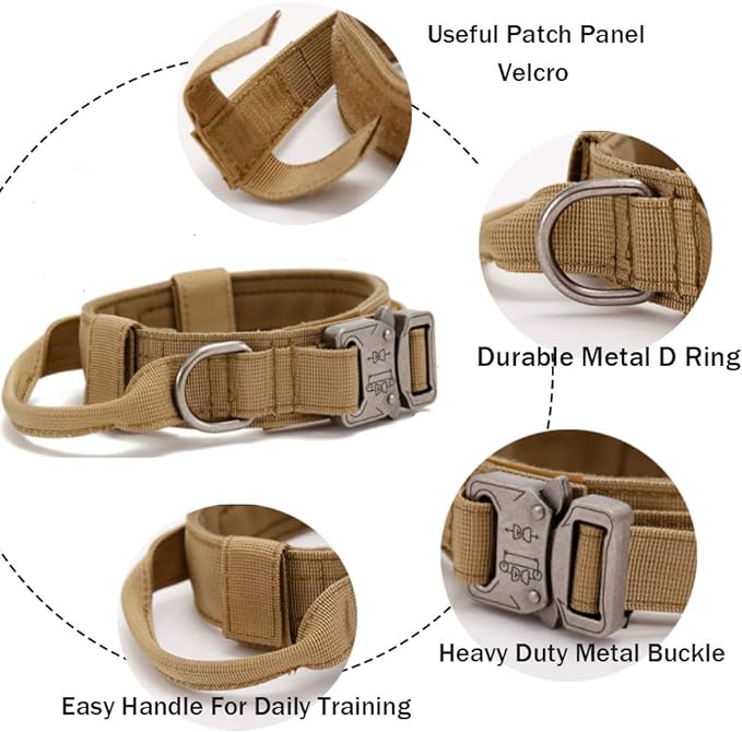 Xqpetlihai Tactical Dog Collar Adjustable Military Nylon Dog Collar with Control Handle and Heavy Duty Metal Buckle for Medium and Large Dogs (Brown,L)