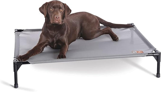 K&H Pet Products Elevated Outdoor Dog Cot Bed, Raised Cooling Bed with Washable Breathable Mesh for Large Dogs, Portable Raised Platform Pet Bed, Heavy Duty Metal Frame Hammock Bed, Large, Gray