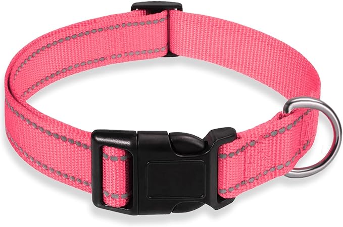 Reflective Dog Collar with Buckle Adjustable Safety Nylon Collars for Small Medium Large Dogs, Light Pink S