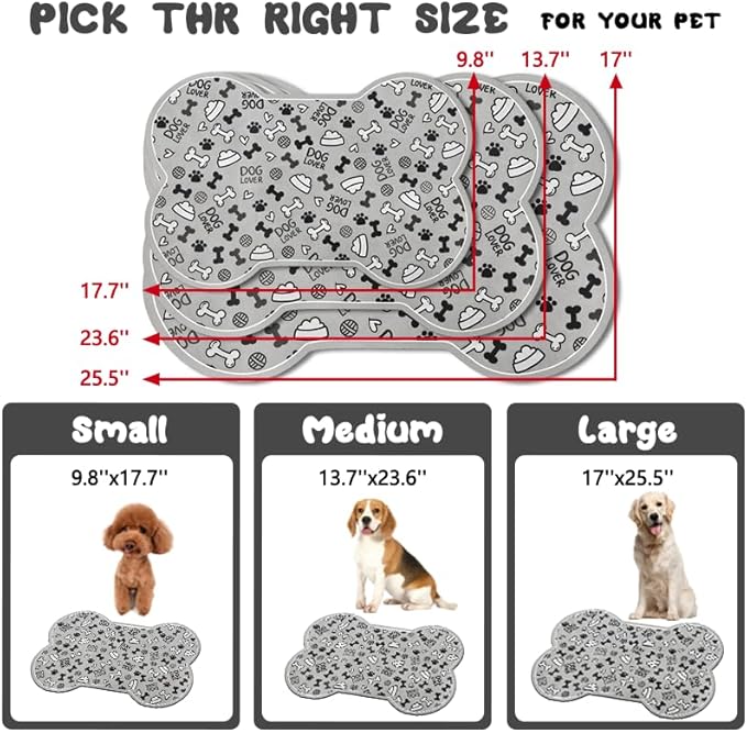 Dog Food Mats for Floors Waterproof, Pet Feeding Absorbent Water Bowl Mat Cat Placemats Gray Bone Shape 25.5 * 17 inch