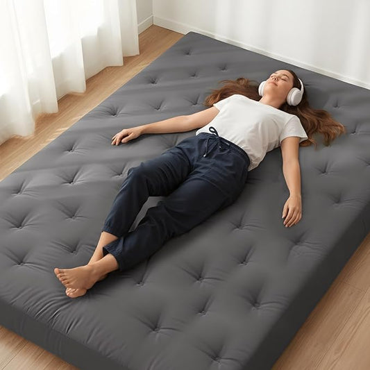 ZonLi Japanese Floor Futon Mattress Queen Size 60"x 80",100% Cotton Cover 6'' Thicken Tatami Mattress,Foldable Sleeping Pad,Portable Dormitory Tatami Mat,Roll Up Floor Lounger Bed for Adult (Grey)