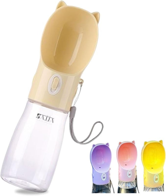 Dog Water Bottle Dispenser - 380 ML Yellow- Leak-Proof Lock & One-Hand Operation - Dog Water Bowl Dispenser - Pet Travel Bottle with Built-in Bowl,