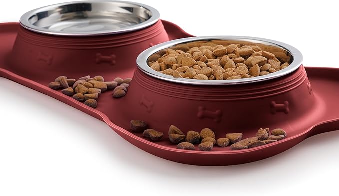 Hubulk Pet Dog Bowls 2 Stainless Steel Dog Bowl with No Spill Non-Skid Silicone Mat + Pet Food Scoop Water and Food Feeder Bowls for Feeding Small Medium Large Dogs Cats Puppies (Medium, Burgundy)