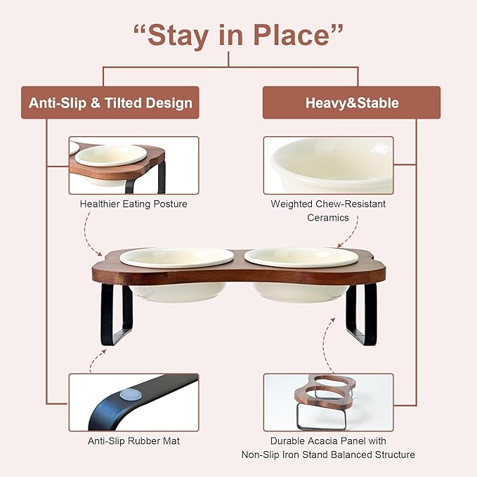 SPUNKYJUNKY Ceramic Elevated Tilted Dog Bowls Bone-Shaped Raised with 2 Height Iron Stand, 6.9'' Dog and Cat Food Water Bowls Set Non-Slip for Small Medium Sized Breed - 20 OZ,Beige