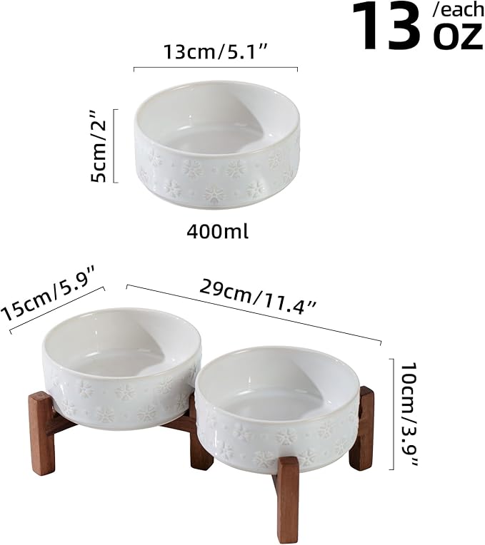 Ceramic 5.1inch Raised Double Bowls Set with Acacia Wood Stand, 2 Heights Elevated, Food & Water Bowls for Puppy, Kitty, Cats(13.5oz, Arctic White)