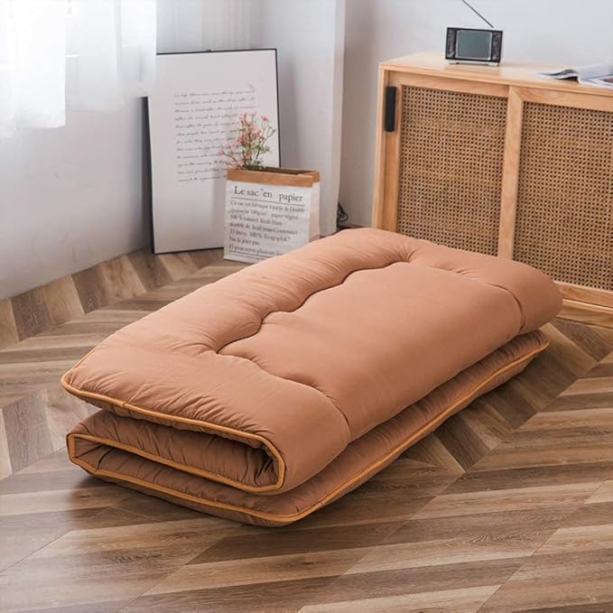 MAXYOYO Japanese Floor Mattress Futon Mattress, Thicken Tatami Mat Sleeping Pad Foldable Roll Up Mattress Boys Girls Dormitory Mattress Pad Kids Floor Lounger Bed, Light Brown, Queen Size