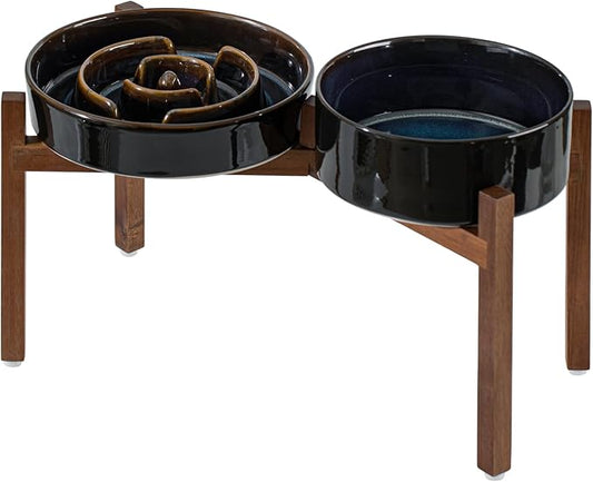 Ceramic 1.6 Cup Raised Slow Feeder Dog Bowl Set, Elevated 7.3inch Bowl and 8.2inch Dish with Acacia Wood Stand for Medium and Large Dog(2 x Starry Sky+ Stand)