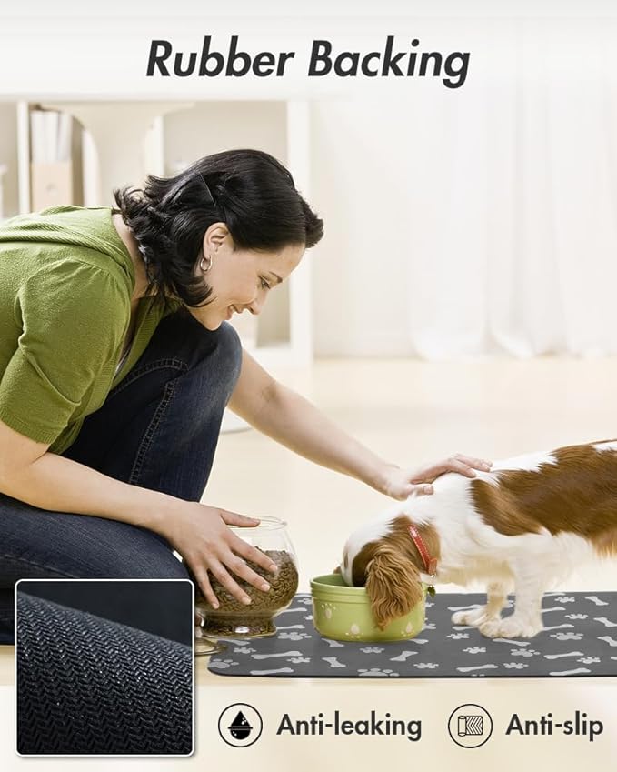 MontVoo Dog Food Mat-Pet Feeding Mat for Food and Water-No Stains Quick Dry Dispenser Cat Bowl Mat for Messy Drinkers(12"x19" Dark Grey)