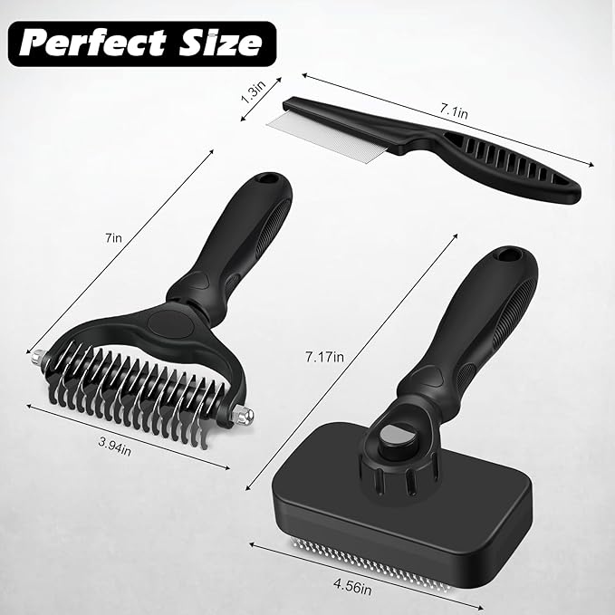 3PCS Self Cleaning Slicker Brush & Pet Grooming Rake & Flea Comb for Dogs,Cats and Horses | Double-Sided Dematting Comb & Skin Friendly Deshedding Grooming Tool | Premium Pet Supplies (Black)