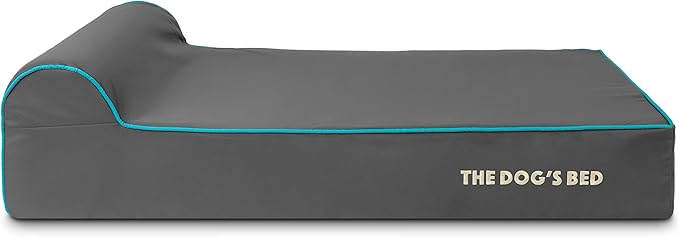 The Dog’s Bed Orthopedic Memory Foam Dog Bed with Headrest, Oxford Fabric, Grey with Blue Trim, L, 6-Inch