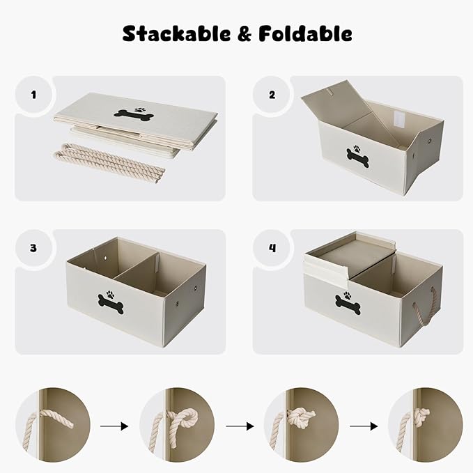 Dog Toy Basket with Double-Open Lid, Divided Dogs Basket for Toys, Collapsible Pet Toy Box, Dog Storage Organizer with 2 Divided Area, Puppy Toys Baskets with Rope Handles, Beige
