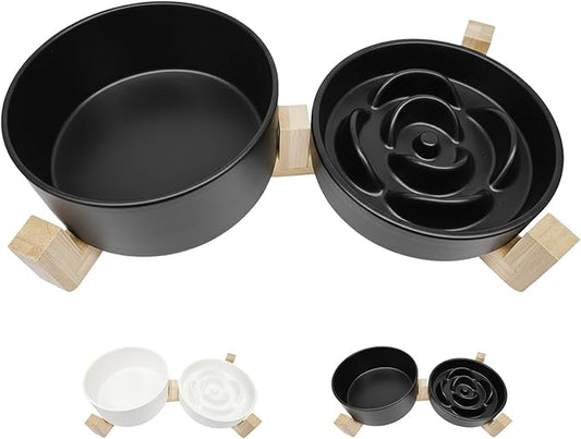 Ceramic Slow Feeder Dog Bowls-1 Cup Puzzle Dog Food Bowl & 850ML Water Dish with Wooden Stand for Small and Medium Breed, Anti-Gulping,Anti-Chewing,Anti-Slip,Black