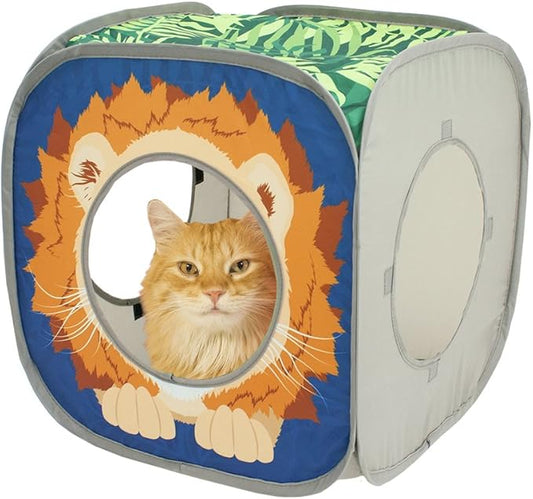 Kitty City Safari Jungle Pop-Up Cat Cube, Collapsible Indoor Cat Hideout & Play Cube with Peekaboo Openings, Easy Storage, 15” x 15” x 15”