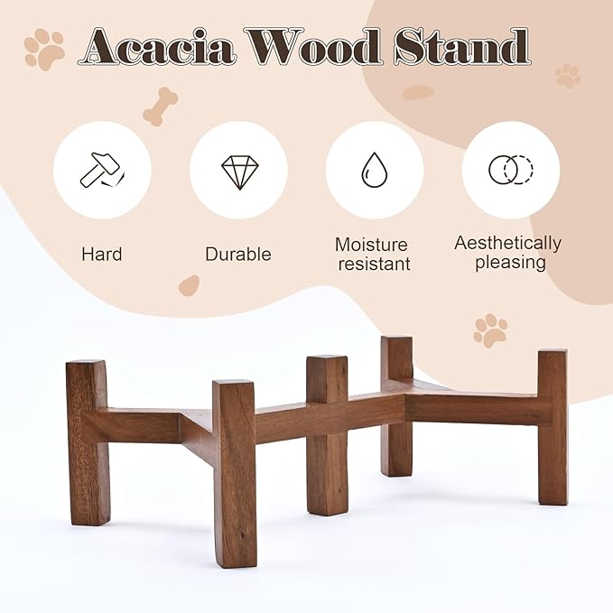 SPUNKYJUNKY Ceramic Dog Bowls with Acacia Wood Stand - Raised Dog Food and Water Bowl Set for Medium Dogs (28.74 OZ, Black)