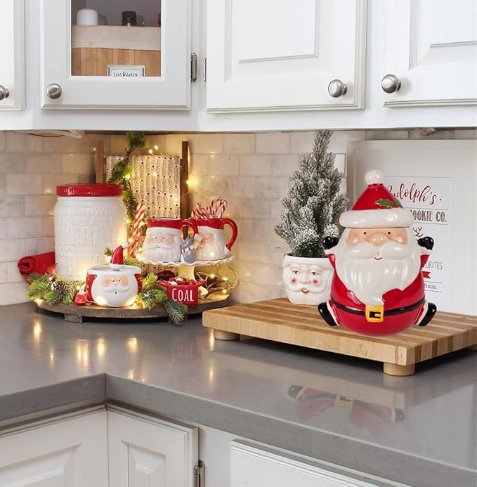 Hanna's Handiworks Jolly Santa Cookie Jar - Merry Decor for Kitchen Storage and Decoration for Holiday Parties and Everyday Use - Perfect for Home, Office, Dorm, and School