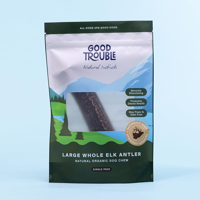 Good Trouble Premium Elk Antlers for Large Dogs – 1 Pack Whole - Shed Antler Chews for Dental Health & Calming - Durable Dog Bones for Aggressive Chewers - Cruelty-Free, North American Sourced