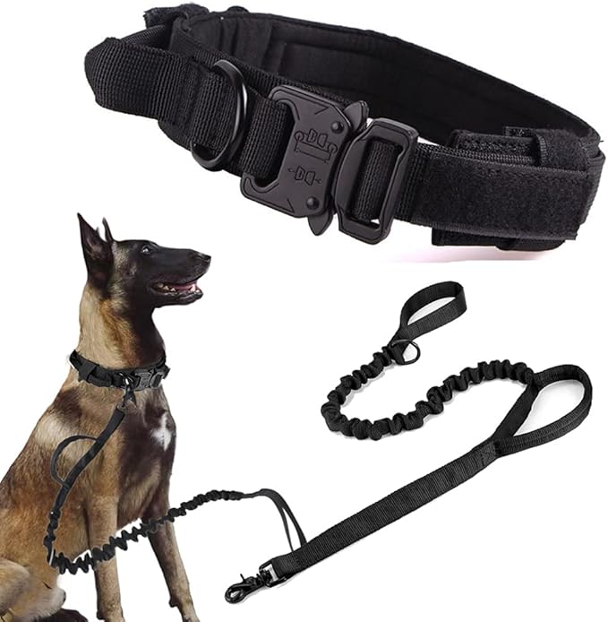Xqpetlihai Tactical Dog Collar and Leash Set Adjustable Military Nylon Dog Collar with Control Handle and Heavy Duty Metal Buckle for Large Dogs（Black M