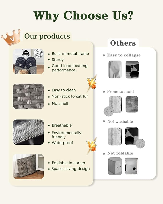 Cat Beds Indoor Kitten House, Handwoven Rattan Cat Cave Pet Cube, Large Cat Houses, One Bed Mat, Foldable, Hideaway, 16.5x16.5x13.2 Inches, 2 S-Shaped Hooks in Living Room Bedroom Gray
