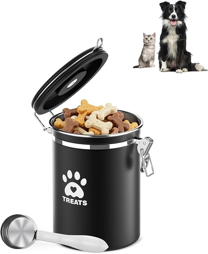 Dog Treat Container Airtight- 7.2"x4.7" Large Stainless Steel Cat Treat Jar for Kitchen Counter with Scoop, Pet Storage for Fresh Dog Cookie