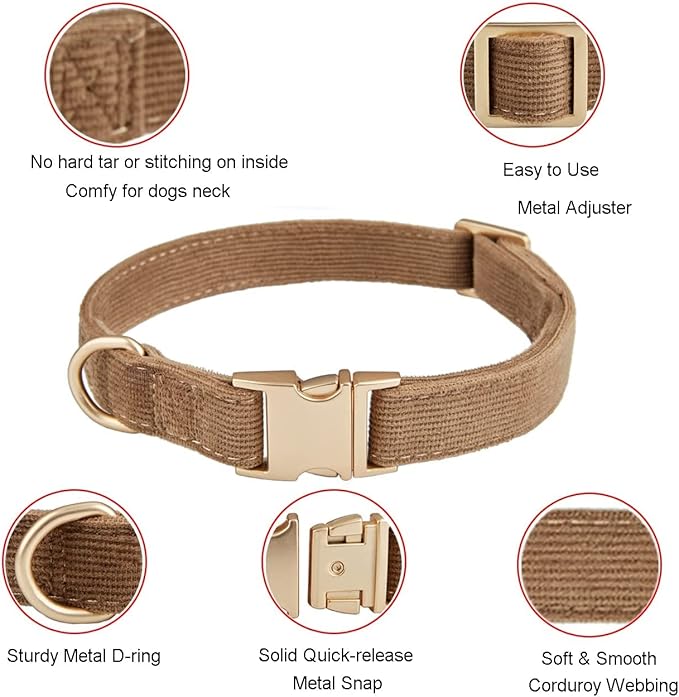 Soft Corduroy Fibric Dog Collar with High Grade Metal Buckle, for Small Dogs.(Brown,Small:10-15")