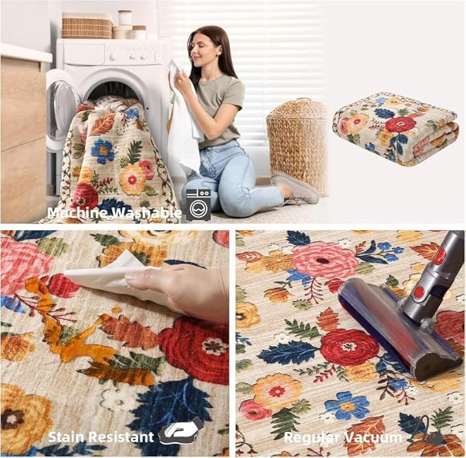 Washable Area Rugs for Living Room: 6x9 Area Rug for Bedroom Vintage Floral Large Rug Stain Resistant Non Slip Low Pile Faux Wool Soft Rugs for Entryway Dining Room Bedside Kitchen Nursery