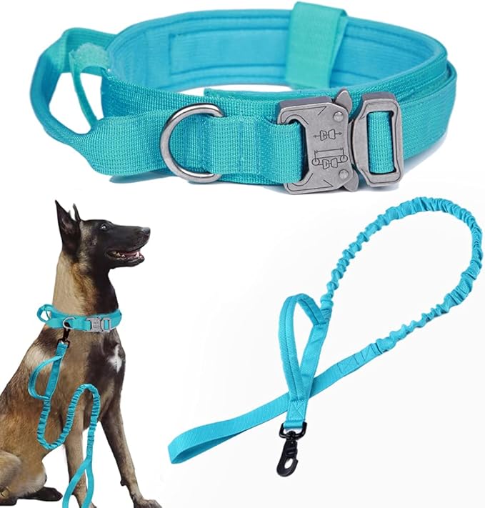 Xqpetlihai Tactical Dog Collar and Leash Set Adjustable Military Nylon Dog Collar with Control Handle and Heavy Duty Metal Buckle for Large Dogs（Blue XXL
