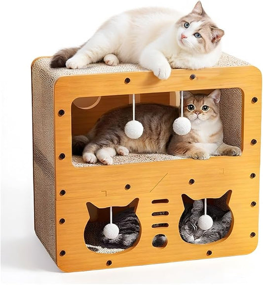 Cat Beds for Indoor Cats，Wooden Cat Scratcher House & Cardboard Condos，Covered Bedsure Kitten Bed Cave Furniture，Cute Playhouse Box，Small Size，for Cats Under 8 lbs
