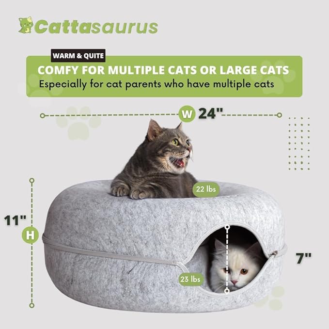 Cattasaurus Peekaboo Cat Cave Donut for Multiple & Large Cats up to 30-45 lbs, 3-in-1 Self Warming Cat Bed, Tunnel & Scratcher for Indoor Cats, Washable & Detachable (Light Gray + Light Gray, Large)