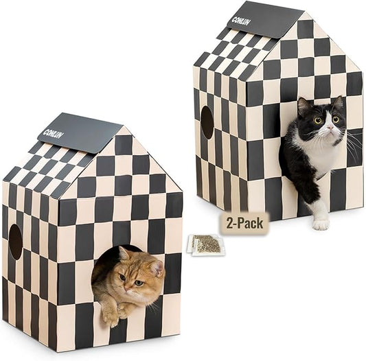 Cardboard Cat House with Scratch Pad & Catnip, Cat Play Scratching House for Indoor Hideaway Furniture, Heavy Duty Sturdy Cardboard Scratcher, Easy to Assemble Birthday Gift, Medium, 2 Pack